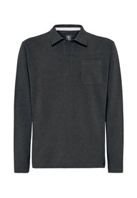 Polo tričko s dlouhými rukávy v tmavě šedé barvě. Má klasický límeček, přední kapsu a žebrované manžety. Vyrobeno z texturované bavlněné tkaniny.