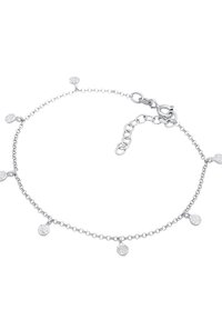 Bracciale in argento con piccoli pendenti circolari texturizzati, dotato di gancio a moschettone e lunghezza regolabile con link aggiuntivi.
