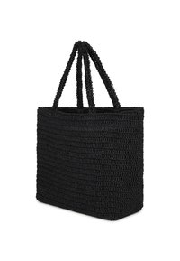 Fekete szőtt vászontáska két texturált fogantyúval, téglalap alakú, és nyitott tetejű. Varrott mintával és strapabíró felépítéssel rendelkezik.