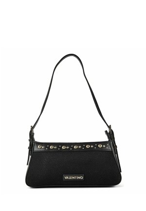 Borsa a tracolla Valentino nera in tessuto strutturato, borchie dorate lungo il bordo superiore e sottili cinghie regolabili con fibbie.