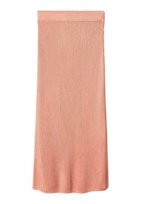 Jupe midi côtelée en tissu doux pêche. Taille élastique, design fluide et texture lisse. Convient pour des occasions décontractées ou semi-formelles.