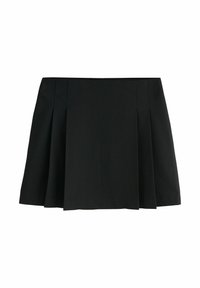 Jupe plissée noire de forme A, en tissu tissé, présentant une texture lisse et une taille élastique.