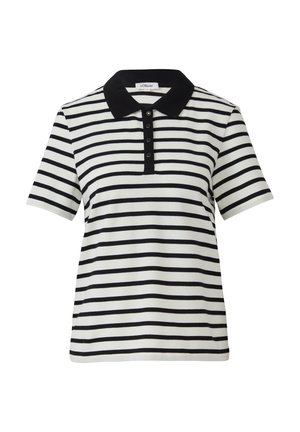 Zwart-witte gestreepte polo met een zwarte kraag, korte mouwen en een knoopsluiting met vijf knopen. Glad stoftextuur.