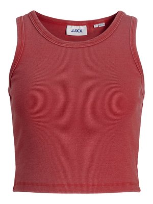 Red ribbed crop top with wide neckline and sleeveless design. Features a tag labeled "JJXX" at the neck. Smooth texture.