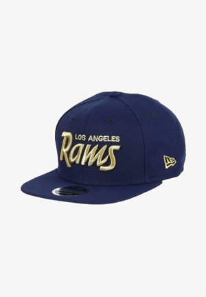 Marineblaue Snapback-Basecap mit goldenem, gesticktem "LOS ANGELES Rams"-Logo auf der Vorderseite; verfügt über einen flachen Schirm und ein strukturiertes Material.