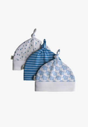 Kolm pehmet beebimütsi sõlmedega tippudega, millel on sinised tähed, sinised triibud ja sinised elevandid valgel kangal.