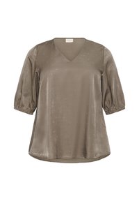 Blusa verde oliva con escote en V y mangas cortas abullonadas, confeccionada en una tela suave con sutiles detalles brillantes en todo su diseño.