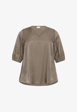Blouse vert olive avec un col en V et des manches courtes bouffantes, fabriquée en tissu lisse avec des détails scintillants subtils.