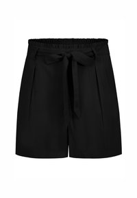 Schwarze maßgeschneiderte Shorts mit elastischem Bund, Bindegürtel und Falten an der Vorderseite, aus glattem, leichtem Stoff gefertigt.