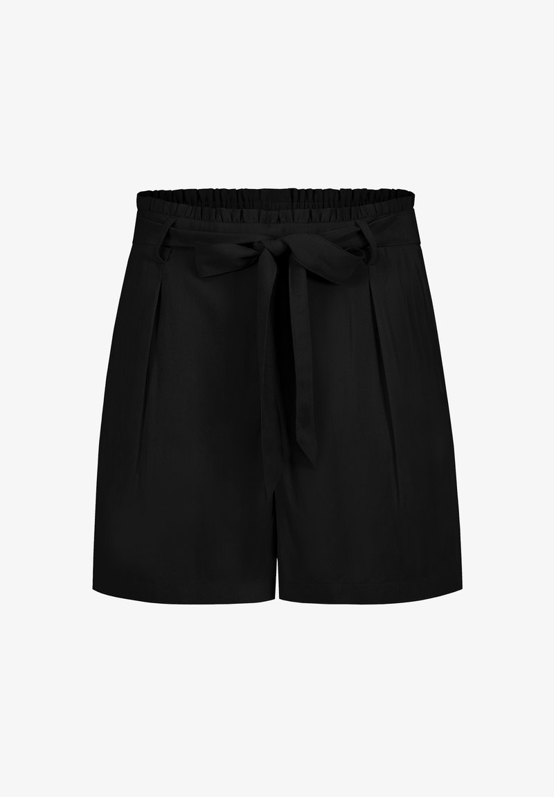 Schwarze maßgeschneiderte Shorts mit elastischem Bund, Bindegürtel und Falten an der Vorderseite, aus glattem, leichtem Stoff gefertigt.