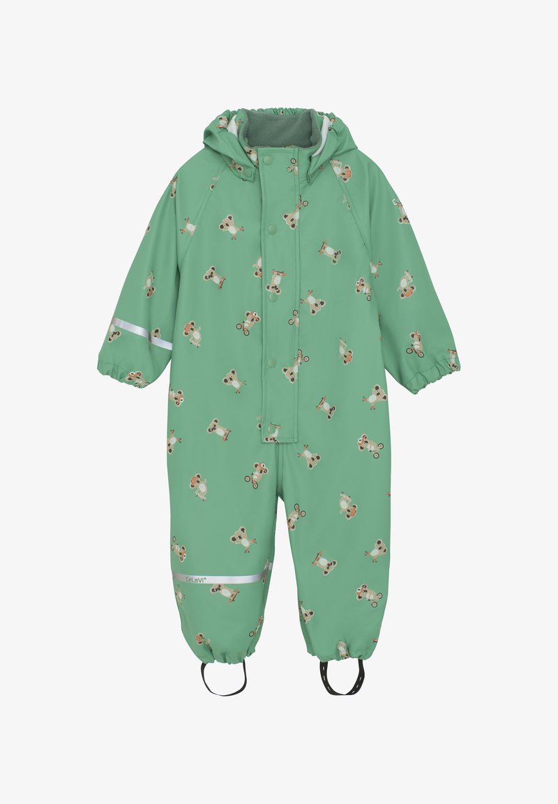 Grön vattentät overall med ett lekfullt hundmönster, elastiska ärmslut, huva och reflexstripes. Lämplig för blöta väderförhållanden.