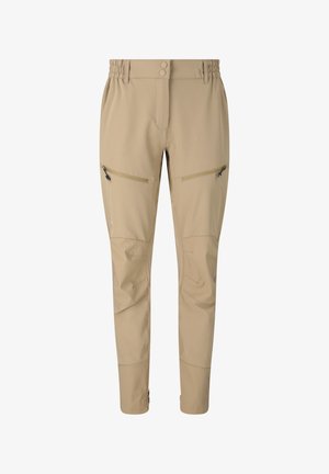 Beige slim fit bukser med elastisk taljebånd, dobbelte knaplukninger, lynlåslommer på lårene, knæsyninger og ankelstropper.