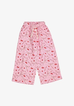 Pink pajama pants with a floral cherry print, featuring an elastic waistband and drawstring closure. Soft fabric with a loose fit.