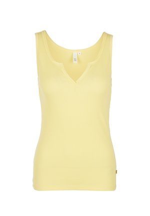 Sleeveless, ribbed, pale yellow tank top with a small V-notch neckline and a small brand label on the side seam.