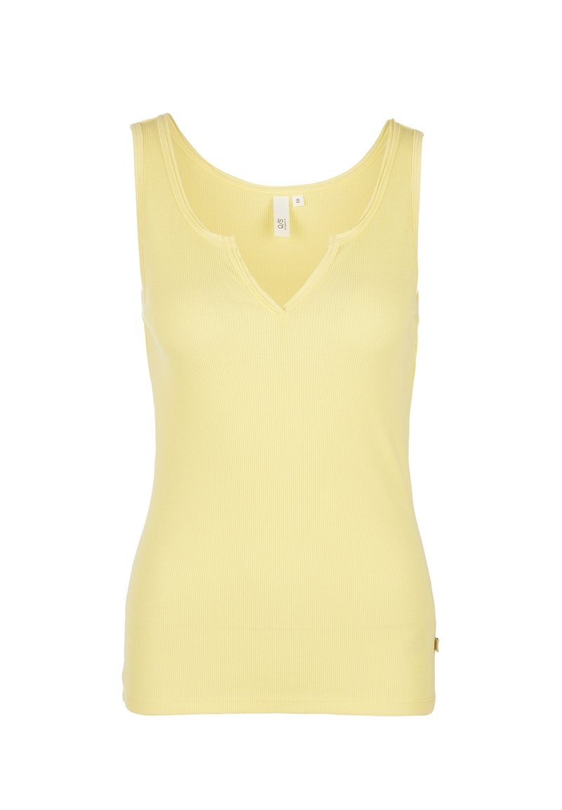 Débardeur sans manches côtelé jaune pâle avec un petit col en V et une petite étiquette de marque sur la couture latérale.