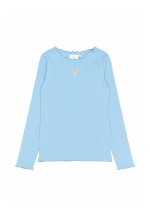 Heled sinine pika varrukaga pluus ribakoe tekstuuriga, millel on laineline kaelus ja väike südame detail rinna piirkonnas. Hem on veidi lühenenud.