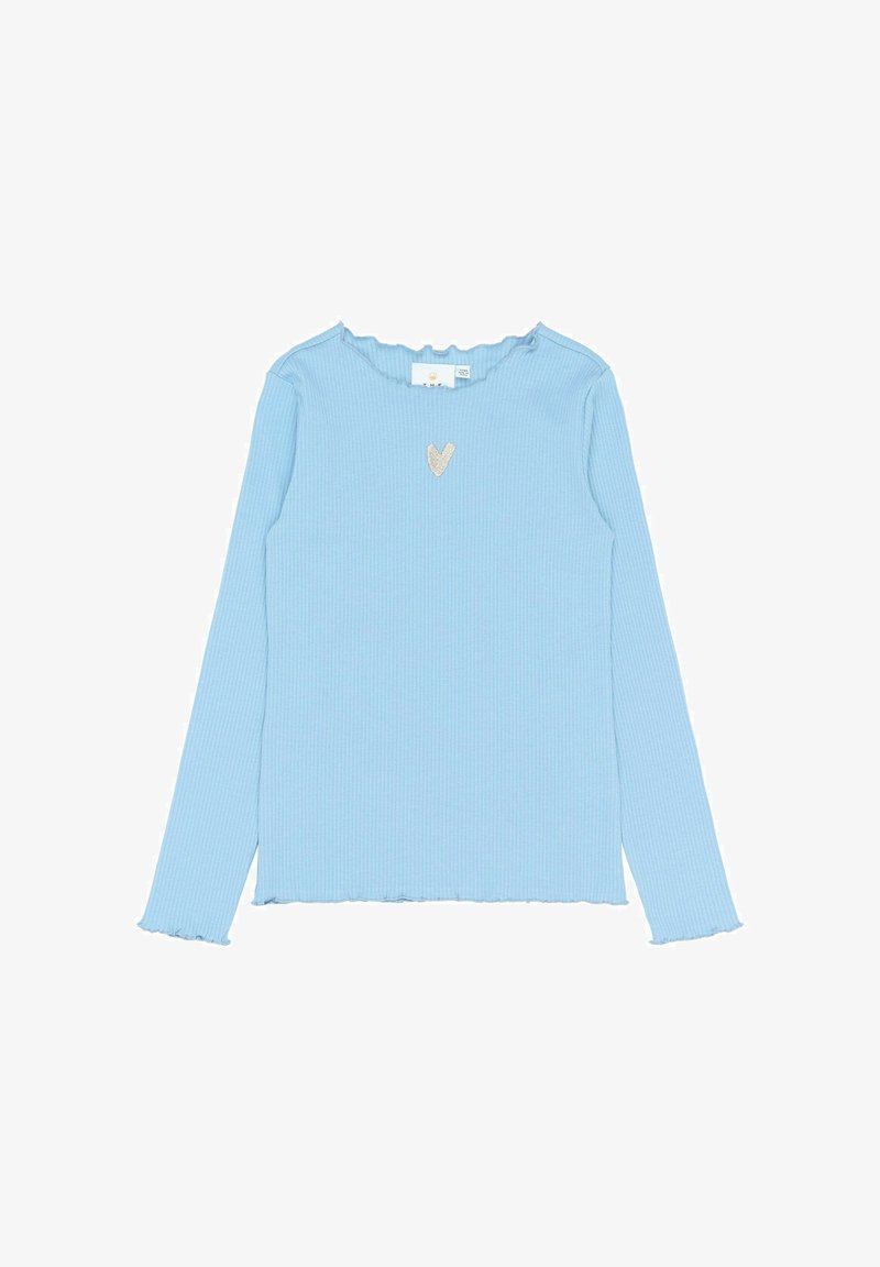 Haut bleu clair à manches longues en texture côtelée, avec un col en dentelle et un petit cœur sur la poitrine. L'ourlet est légèrement court.