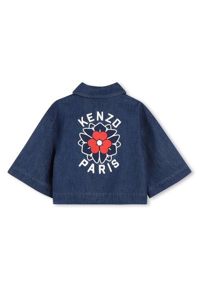 Cropped denim jacket in dark blue, featuring a floral design with red accents and "KENZO PARIS" in white on the back. Short sleeves.