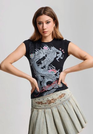 Ed Hardy, RISING DRAGON FLORAL CAP SLEEVE TEE - T-shirt con stampa - black