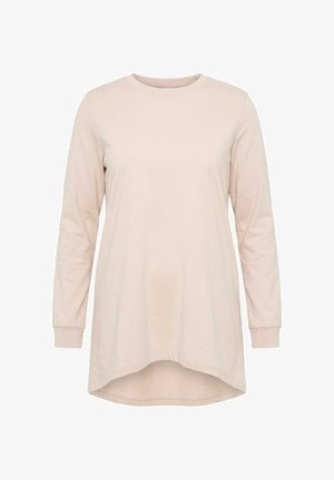 Langærmet, lysebeige tunika med rund halsudskæring og let buet kant, vist på en ensfarvet hvid baggrund.