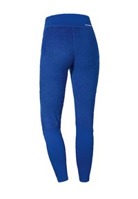 Leggings blu con materiale testurizzato a nido d'ape nelle sezioni superiori e sezioni inferiori lisce. Presentano un alto elastico in vita e un design aderente.