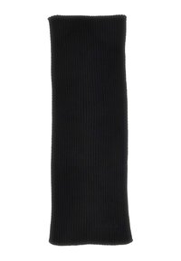 Scarf nero a coste, forma rettangolare, piegato ordinatamente con il sottile logo "GUESS" ricamato vicino al bordo inferiore.
