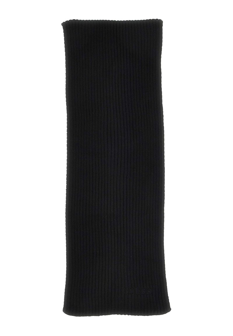 Scarf nero a coste, forma rettangolare, piegato ordinatamente con il sottile logo "GUESS" ricamato vicino al bordo inferiore.