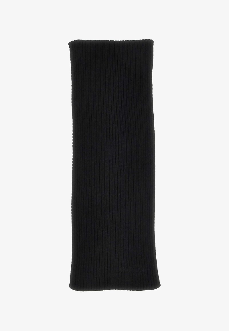 Scarf nero a coste, forma rettangolare, piegato ordinatamente con il sottile logo "GUESS" ricamato vicino al bordo inferiore.