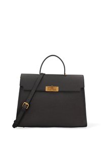 Borsa a mano in pelle nera con un design strutturato, dotata di manico superiore, tracolla regolabile e hardware in tonalità oro.