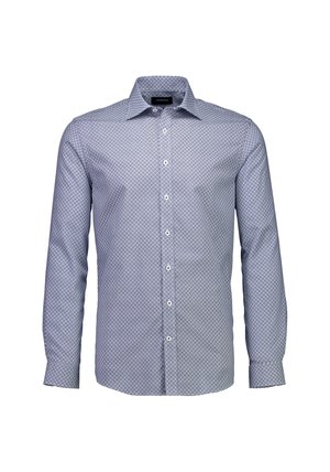 Lichtblauw overhemd met knopen, voorzien van een geometrisch marineblauw patroon, lange mouwen en een standaardkraag. Gemaakt van katoen of een katoenmix.