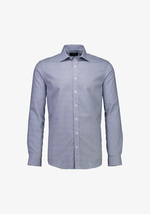 Lichtblauw overhemd met knopen, voorzien van een geometrisch marineblauw patroon, lange mouwen en een standaardkraag. Gemaakt van katoen of een katoenmix.