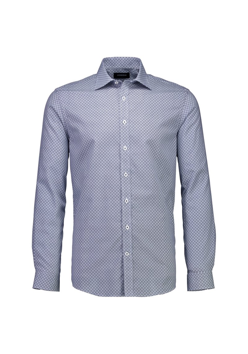 Lichtblauw overhemd met knopen, voorzien van een geometrisch marineblauw patroon, lange mouwen en een standaardkraag. Gemaakt van katoen of een katoenmix.
