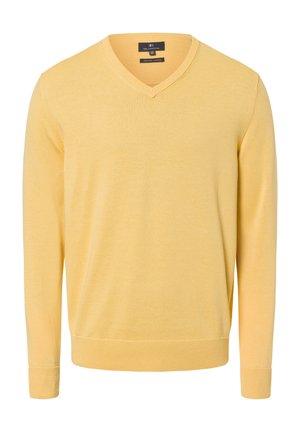 V-neck sweater in soft, light yellow organic cotton. Features ribbed cuffs and hem. Classic fit with smooth texture and minimal design.