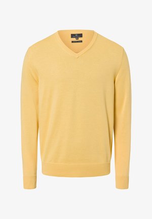 V-neck sweater in soft, light yellow organic cotton. Features ribbed cuffs and hem. Classic fit with smooth texture and minimal design.
