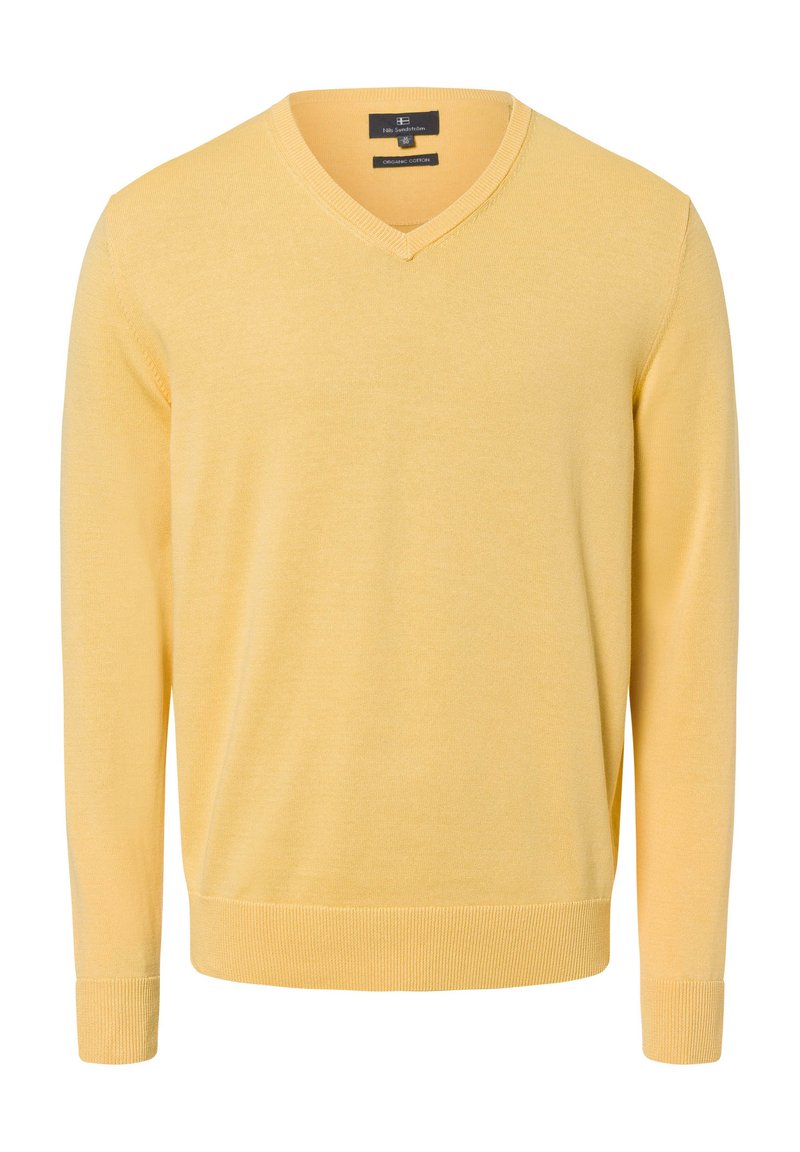 V-Ausschnitt Pullover aus weichem, hellgelbem Bio-Baumwolle. Mit gerippten Bündchen und Saum. Klassische Passform mit glatter Textur und minimalistischem Design.