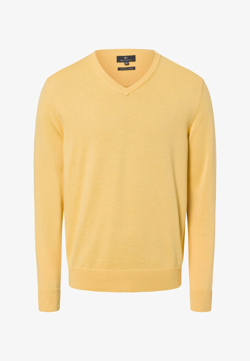 V-Ausschnitt Pullover aus weichem, hellgelbem Bio-Baumwolle. Mit gerippten Bündchen und Saum. Klassische Passform mit glatter Textur und minimalistischem Design.