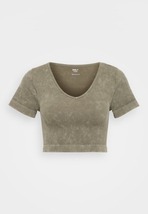 Khaki roheline lühikeste varrukatega V-kaelusega lühike särk, millel on ribatekstuur ja liimistatud disain. Kaelusel on peene brändingu detail.