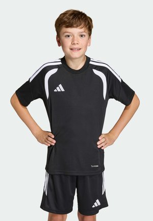 Black athletic jersey and shorts with white striped accents and logos. Short sleeves and breathable material, designed for sports activities.