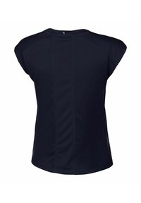 Maglia atletica manica corta blu navy con un design testurizzato, caratterizzata da un orlo curvo e dettagli di cucitura verticale sul retro.