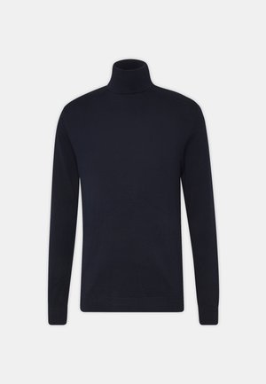Maglione a collo alto blu navy in maglia liscia, con maniche lunghe e un design aderente. Nessun motivo o accento aggiuntivo.