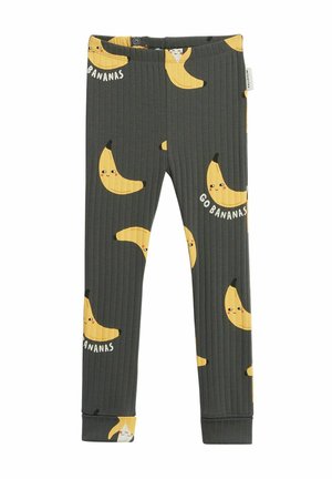 Ciemnoszare prążkowane dziecięce legginsy z uśmiechniętymi ilustracjami bananów i napisem „Go Bananas” rozsianym po materiale.