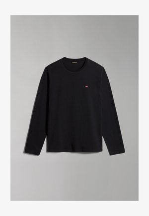 Μαύρη βαμβακερή μπλούζα με μακριά μανίκια, στρογγυλή λαιμόκοψη και μικρό κεντημένο λογότυπο σημαίας στο στήθος. Μαλακή υφή και άνετη εφαρμογή.