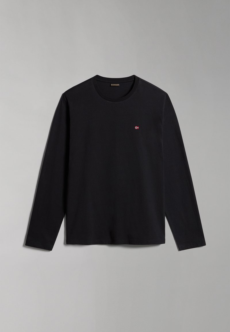 Langärmliges schwarzes Baumwoll-T-Shirt mit rundem Ausschnitt und kleinem gesticktem Flaggenlogo auf der Brust. Weicher Stoff und lockere Passform.