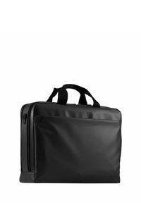 Borsa per laptop nera realizzata in materiale morbido e resistente. Forma rettangolare con chiusura a zip e manici superiori. Presenta una tasca anteriore.