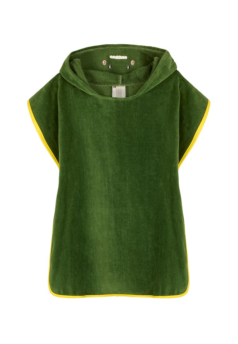 Poncho verde con capucha hecho de suave tela de rizo. Presenta un borde amarillo a lo largo de los bordes y un ajuste relajado. Incluye una etiqueta en el escote delantero.