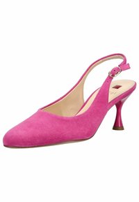 Zapato de tacón bajo tipo kitten con tira trasera ajustable con hebilla y punta puntiaguda, en ante de color rosa brillante.