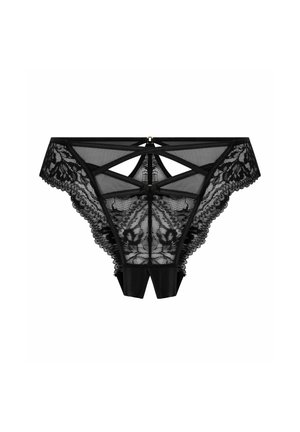 Zwarte kanten string met bloemmotieven en geschulpte randen, voorzien van een doorschijnend mesh ontwerp, decoratieve bandjes en accenten van goudkleurige hardware.