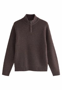 Brown pullover sweater with a high collar, featuring a quarter-zip closure. Textured ribbed pattern throughout, with knit cuffs and hem.