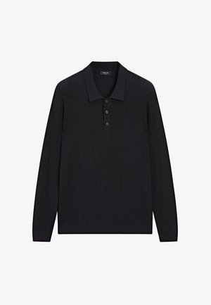 Maglione polo a maniche lunghe in maglia a coste nera con pattina a tre bottoni e colletto, posato su uno sfondo bianco.