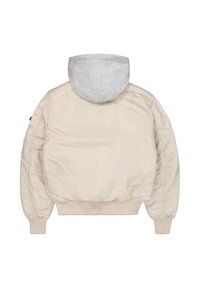 Beige cropped bomber jacket with a gray hoodie. Features ribbed cuffs and hem, puffed sleeves, and a smooth texture.